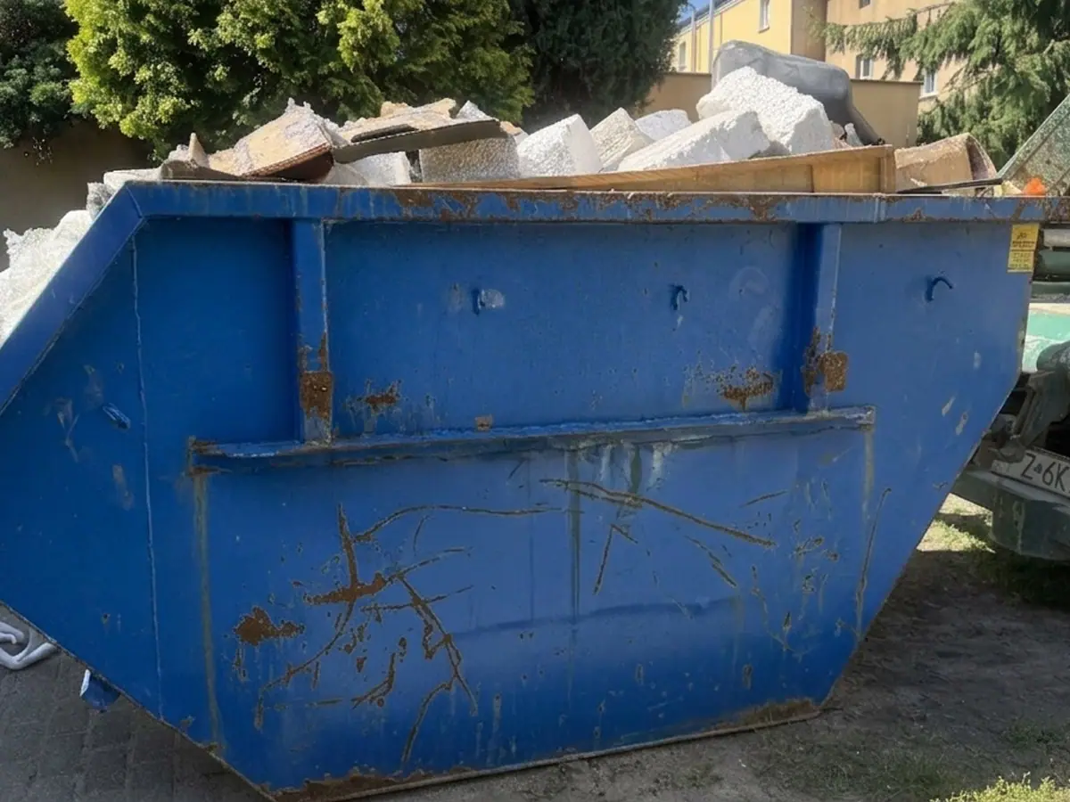 Kontener z odpadami zmieszanymi — gruz, styropian i deski